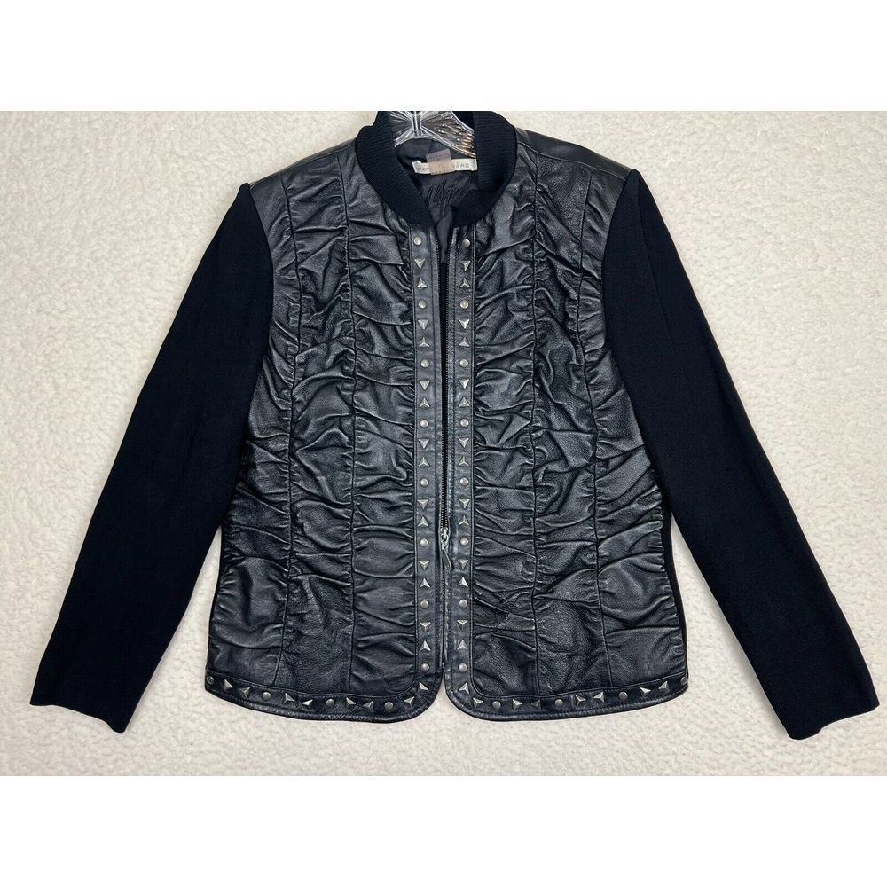 Peter Nygard Jacket Womens Petite Medium Black Leather Studded Moto Full‎ Zip